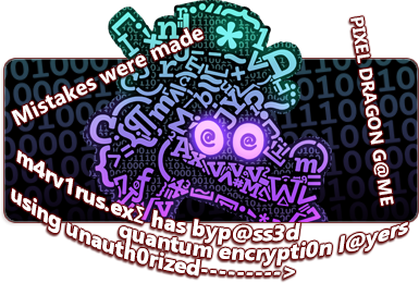 A banner shaped image with a technical rendering of what might be a bust of Marva's head but is definitely the Marvirus. It starts as a teal green hat at the top and the color slowly changes along a gradient down the hat and over the Marvirus face to purple. There is overlaid text that is either technical error script or reads Mistakes were made, pixel dragon game.