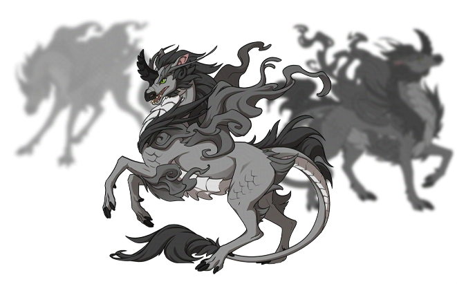 A grayscale image of a dragon with an equine body type, four legs, clouds or mist coming from the shoulders, a mane, singular horn, and long, tufted tail. The dragon is rearing up. In the background are intentionally blurry grayscale hints of the other poses to come. A grayscale image of a dragon with an equine body type, four legs, clouds or mist coming from the shoulders, a mane, singular horn, and long, tufted tail. The dragon is rearing up. In the background are intentionally blurry grayscale hints of the other poses to come.