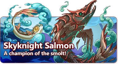 The Overlaid Text reads: Skyknight Salmon - Champion of the smolt. The colorful illustration depicts a winged, salmon creature with scales that resemble elaborate plate armor. Water or wind swirls around it in spirals.