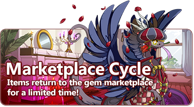 The overlaid text reads - Marketplace Cycle -  Items return to the gem marketplace for a limited time! The banner image depicts a quaint Victorian parlor in the background. In the foreground, a blue-feathered coatl dragon wears the bardic apparel, with a large puffy hat and doublet.