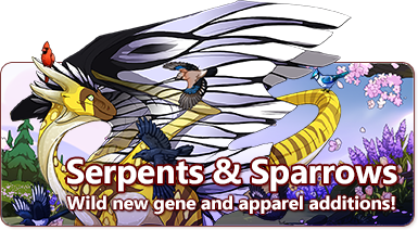 The overlaid text reads - Serpents & Sparrows - Wild new gene and apparel additions! There is a yellow, black, and white feathered wildclaw dragon with several birds flying and perching on and near it. IN the background are trees and sprign flowers.