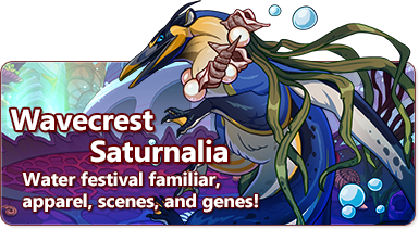 The overlaid text reads Wavecrest Saturnalia - Water festival familiar, apparel, scenes, and genes. The banner features the water gryphon, a curious creature that is a mix of penguin and otter. It wears a mantle of seashells and seaweed.