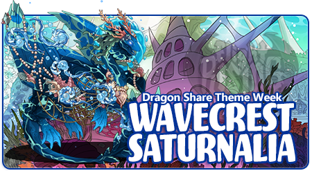A banner shaped image of an underwater scene with a coral palace to the right. On the left side of the banner is a deep blue fathom dragon with blue-green accents that resemble the tide. The dragon is dressed in pearls, seashells, wearing a coral crown, and surrounded by a water aura. The words Dragon Share Theme Week and WaveCrest Saturnalia are overlaid on the lower right quadrant of the banner.